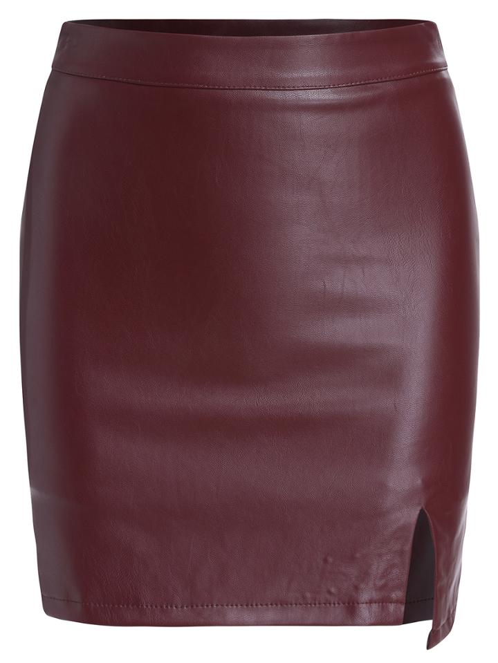 Romwe Slit Pu Bodycon Wine Red Skirt