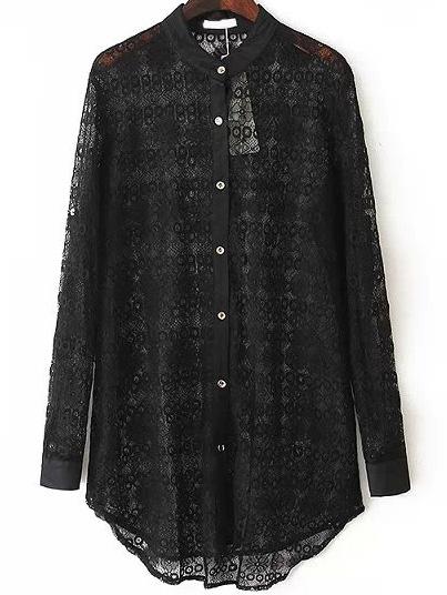 Romwe Stand Collar Dip Hem Lace Black Blouse