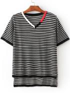 Romwe Black And White V Neck Stripe Split T-shirt