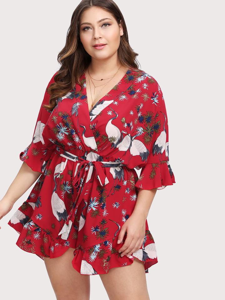 Romwe Self Belted Mixed Print Romper