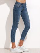 Romwe Blue Ripped Asymmetric Raw Hem Skinny Jeans