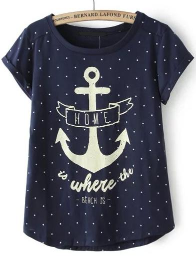 Romwe Anchors Print Polka Dot T-shirt