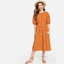 Romwe Bishop Sleeve Single Breasted Plain Dress