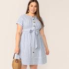 Romwe Plus Button Front Striped Belted Dress