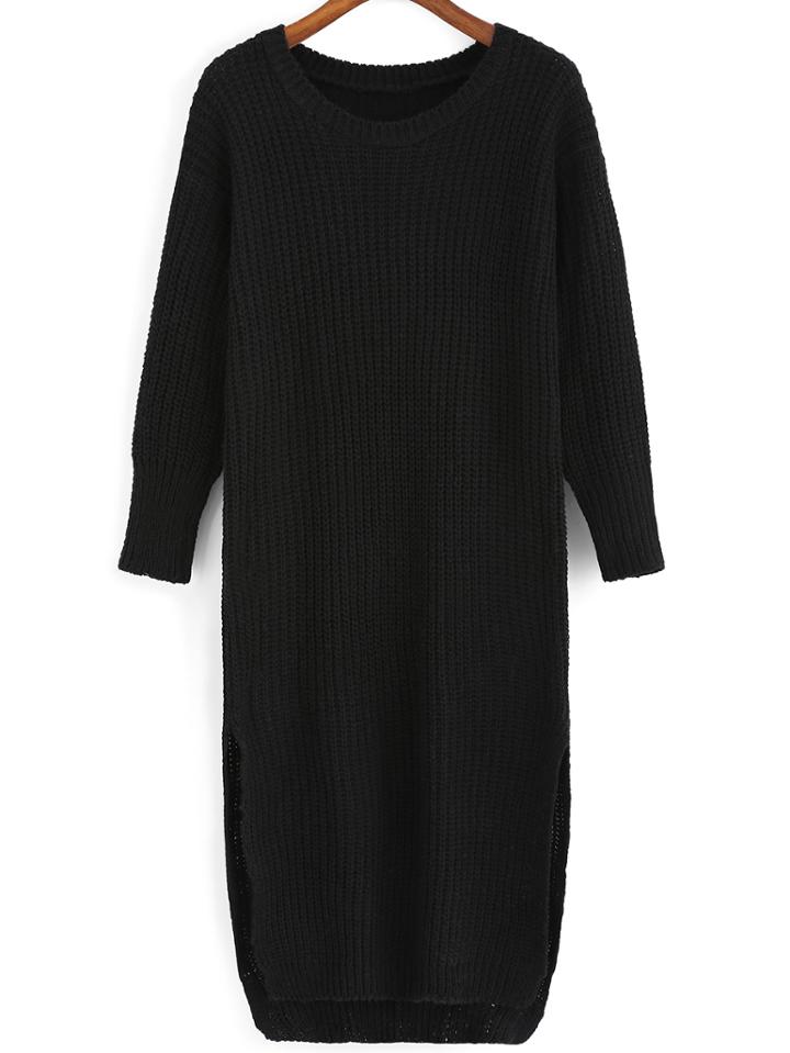 Romwe Slit High Low Black Sweater Dress