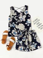 Romwe Floral Print Criss Cross Tank Top And Shorts Set