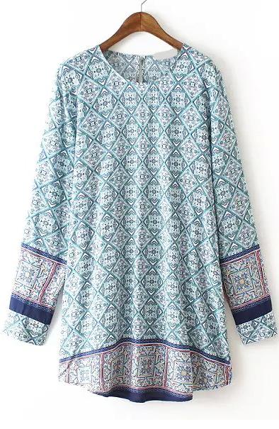 Romwe Round Neck Geometric Print Blouse