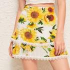 Romwe Sunflower Print Lace Panel Tiered Layer Skirt