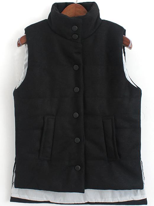 Romwe Stand Collar Dip Hem Buttons Black Vest