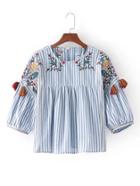 Romwe Vertical Striped Flower Embroidery Top With Fringe