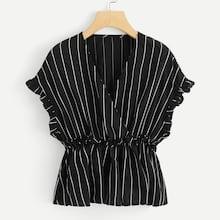 Romwe Frill Striped Ruched Waist Blouse