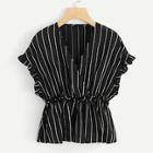 Romwe Frill Striped Ruched Waist Blouse