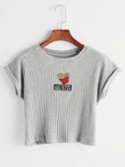Romwe Grey Fries Embroidered Patch Ribbed T-shirt