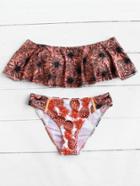Romwe Calico Print Flounce Layered Neckline Bikini Set