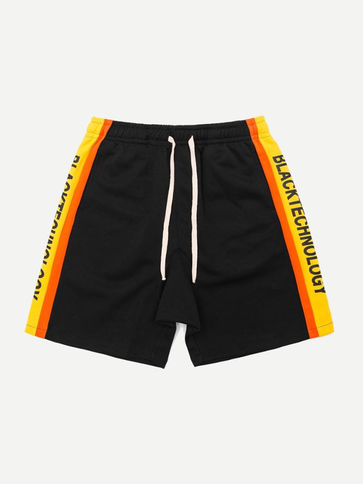 Romwe Men Tape Detail Drawstring Letter Print Short
