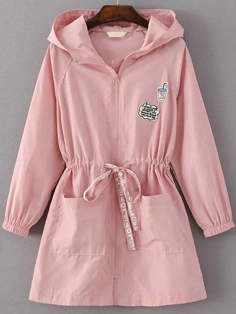 Romwe Pink Letter Print Drawstring Hooded Trench Coat With Pockets