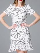 Romwe White Short Sleeve Jacquard Frill Dress