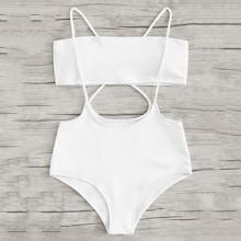 Romwe Ribbed Bandeau Cross Back Suspender Swimsuit