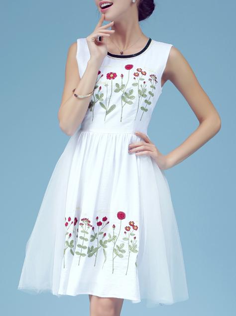 Romwe White Gauze Embroidered A-line Dress