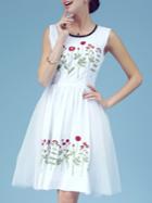 Romwe White Gauze Embroidered A-line Dress