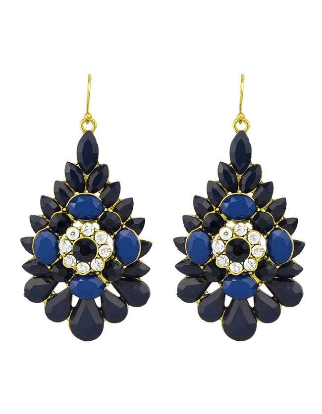 Romwe Blue Rhinestone Flower Big Drop Earrings