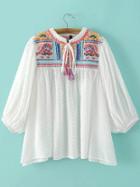 Romwe White Tie Neck Embroidery Sequined Blouse