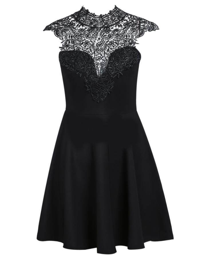 Romwe Contrast Hollow Lace Pleated Dress