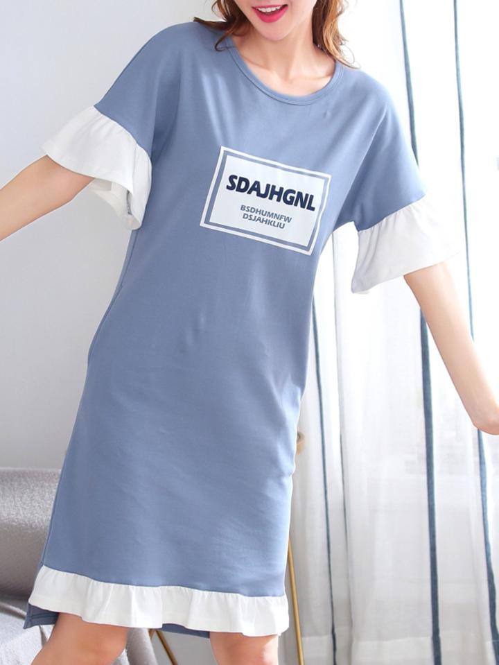 Romwe Letter Print Ruffle Hem Night Dress