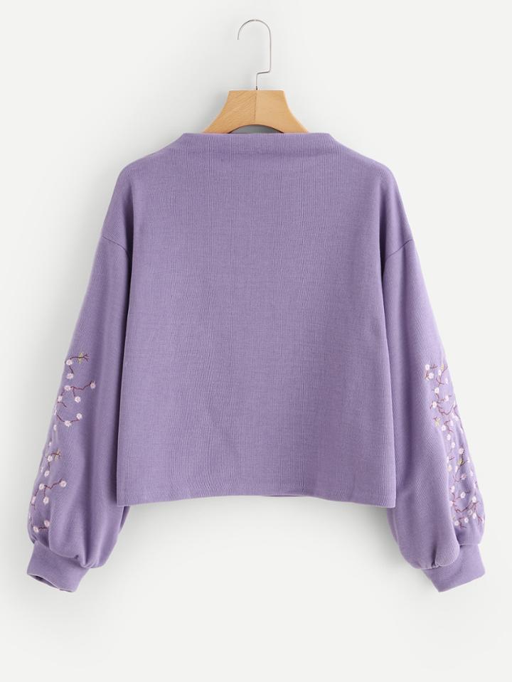 Romwe Lantern Sleeve Embroidered Sweatshirt