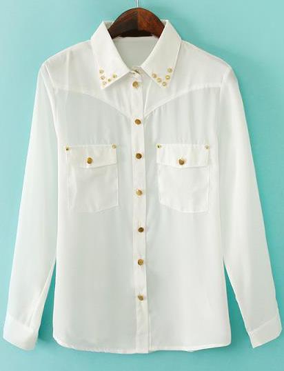 Romwe With Rivet Pockets White Blouse