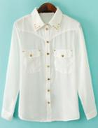 Romwe With Rivet Pockets White Blouse