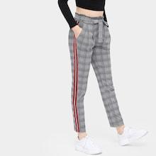 Romwe Striped Tape Panel Plaid Print Belted Pants