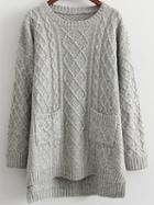 Romwe Dip Hem Cable Knit Pockets Pale Grey Sweater