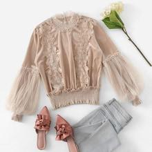 Romwe Contrast Lace Shirred Hem Blouse
