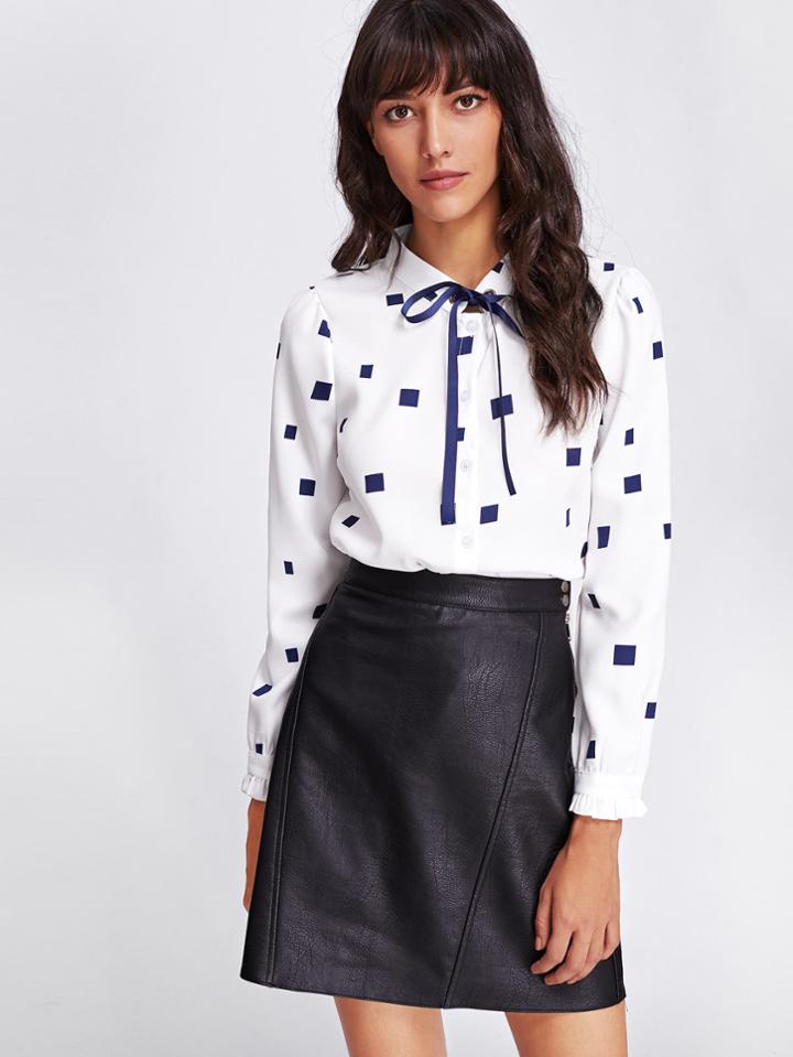 Romwe Square Print Bow Tie Neck Shirt