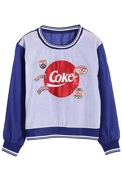 Romwe Sequin Coke Stitching Blue Sweatshirt