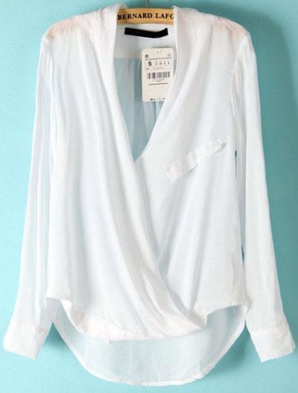Romwe V Neck Cross Dipped Hem White Blouse