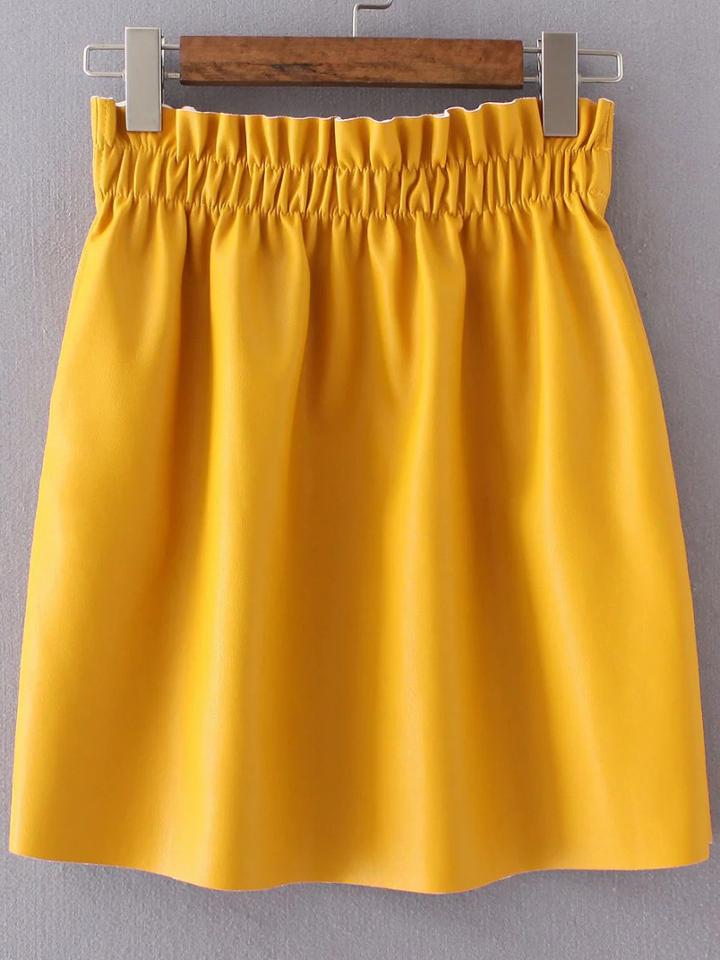 Romwe Yellow Elastic Waist Pu Skirt