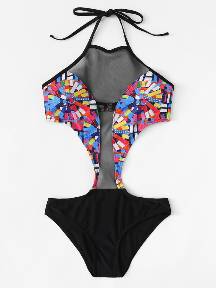 Romwe Open Back Mesh Panel Swimsuit