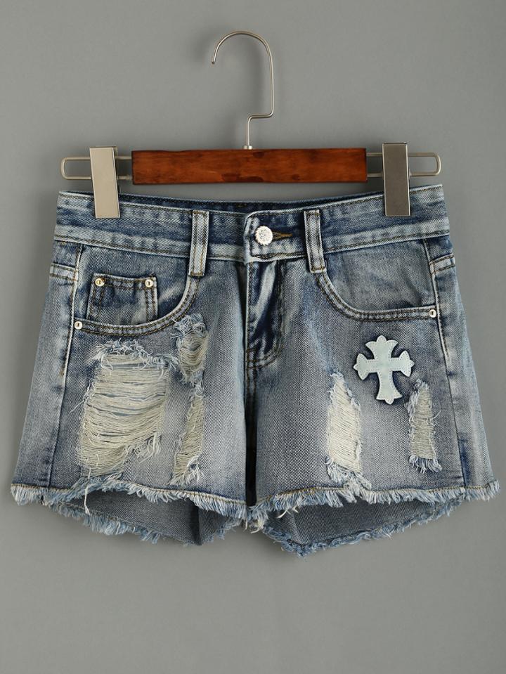 Romwe Blue Ripped Raw Hem Denim Shorts With Cross Patch