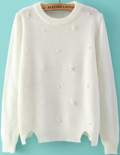 Romwe Bead Split Knit White Sweater