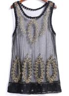 Romwe Round Neck Sheer Mesh Embroidered Tank Top