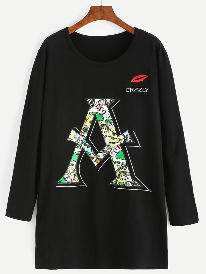 Romwe Black Letter Embroidery Long Sleeve Pocket Sweatshirt Dress