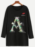 Romwe Black Letter Embroidery Long Sleeve Pocket Sweatshirt Dress