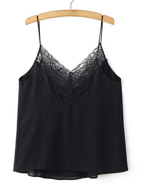 Romwe Black V Neck Spaghetti Strap Lace Chiffon Cami Top