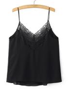 Romwe Black V Neck Spaghetti Strap Lace Chiffon Cami Top