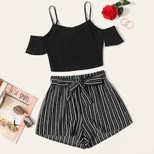 Romwe Plus Cold Shoulder Top & Belted Pinstripe Shorts Set