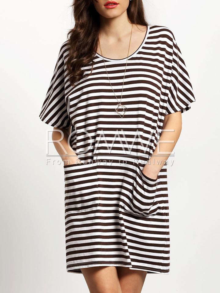 Romwe White Brown Striped Pockets Dress