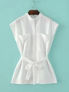 Romwe White Cap Sleeve Band Collar Pocket Blouse With Belt
