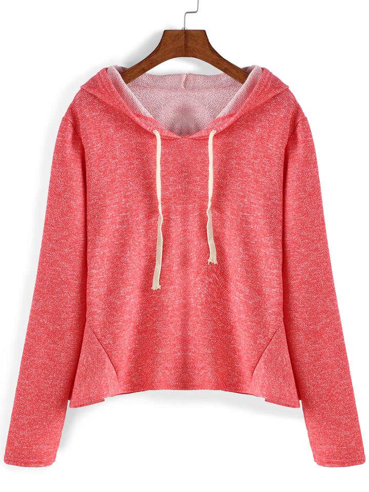 Romwe Hooded Drawstring Ruffle Pink Sweatshirt